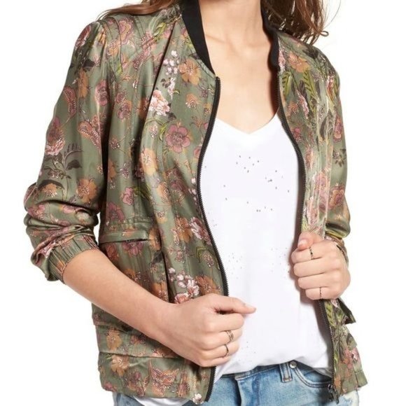 Blank NYC Jackets & Coats Blank Nyc Floral Olive Green Satin Bomber